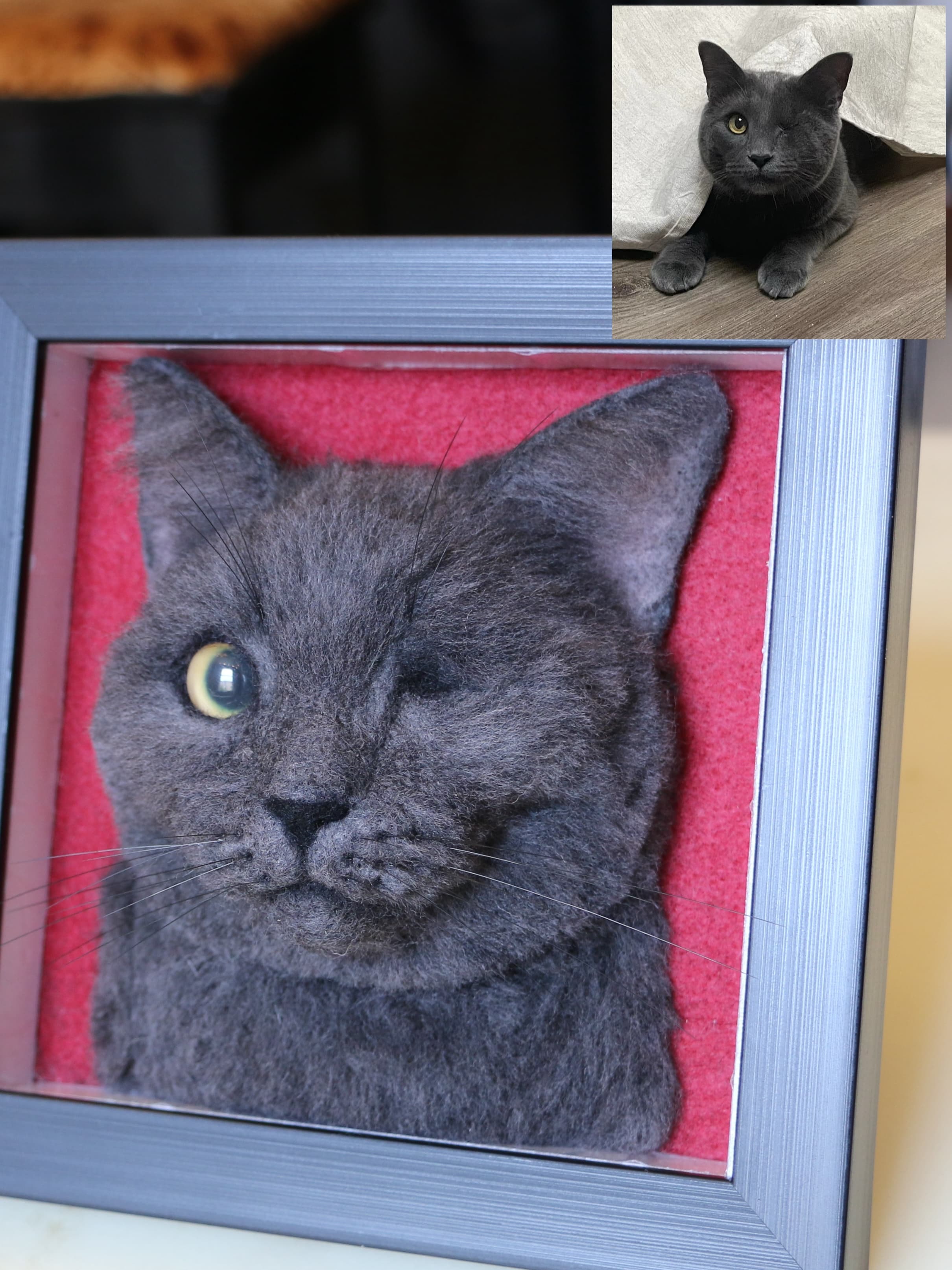 framed portrait of felted pet