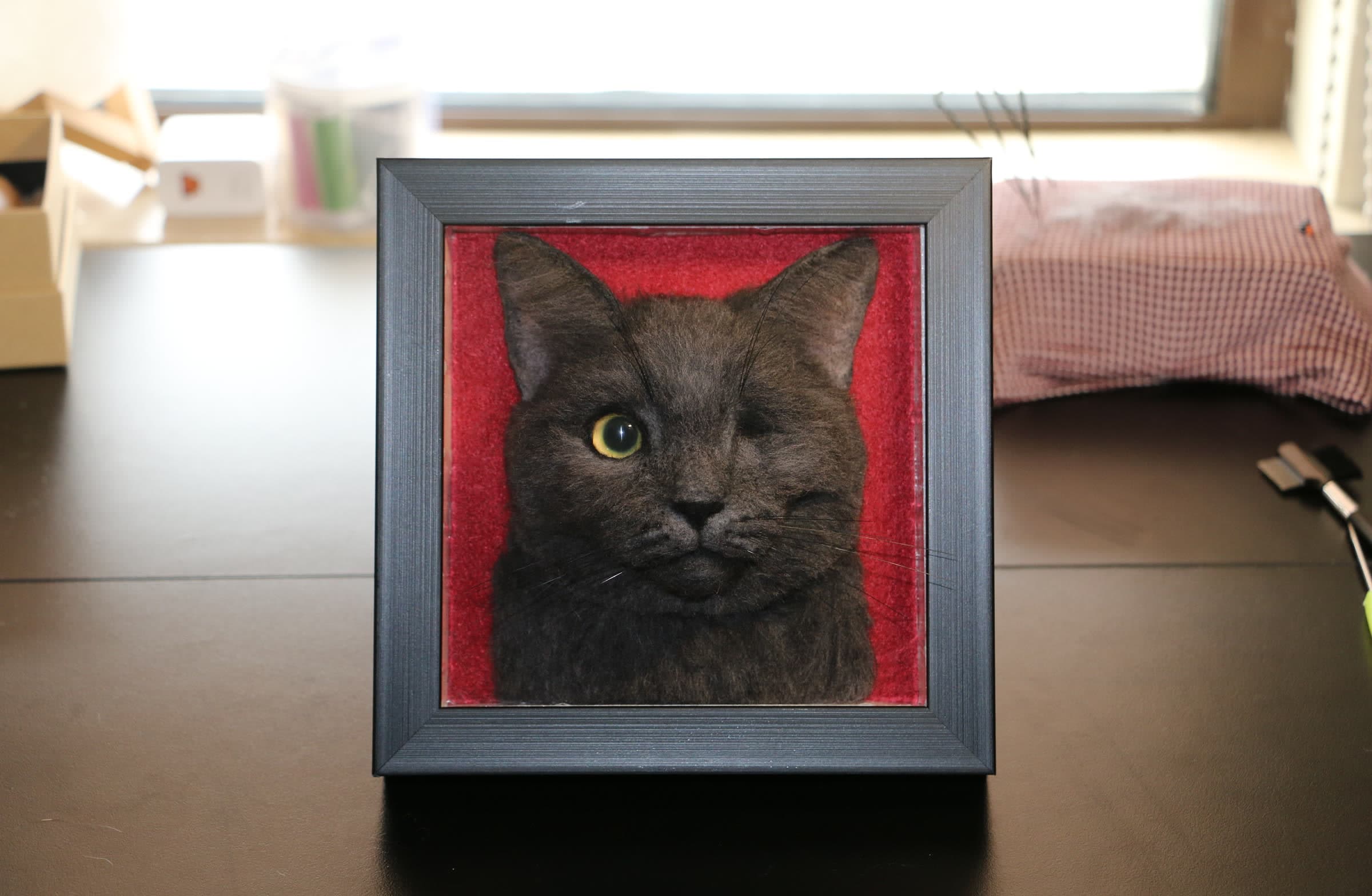 Needle felted black cat portrait in frame — handcrafted by Felt With Love